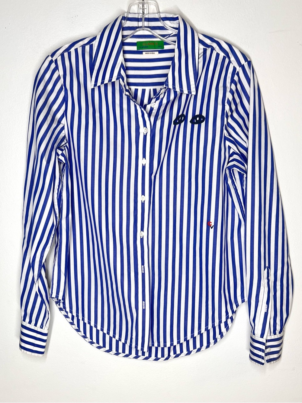 Clare V. Striped Embroidered Button Down Shirt Blue & White Sz M